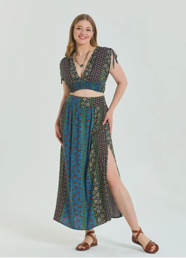 Navy Blue Plus Size Skirt with Elastic Waist and Slit 4625